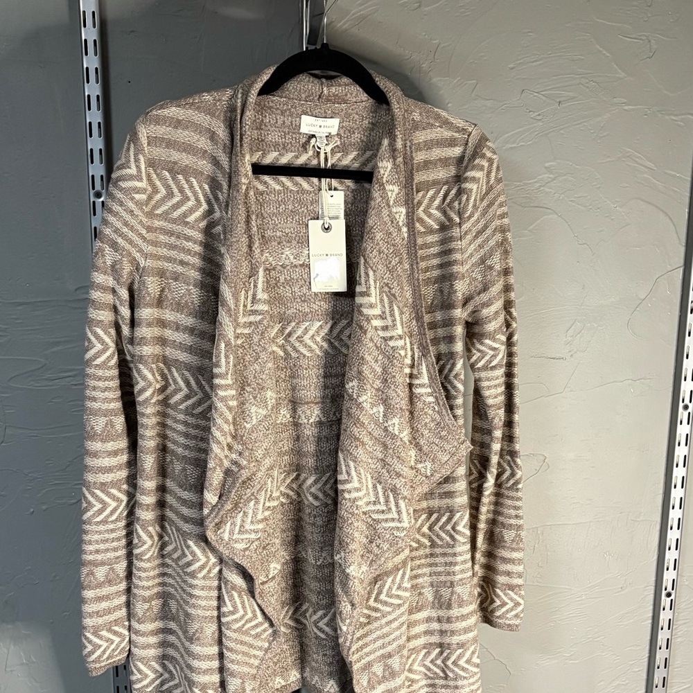 Lucky Brand Brown Cardigan Sweater with Striped Pattern